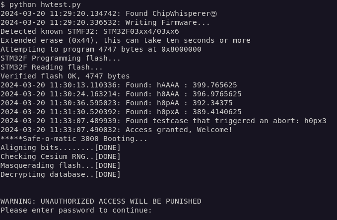 Fuzzing a login procedure on ChipWhisperer-Nano